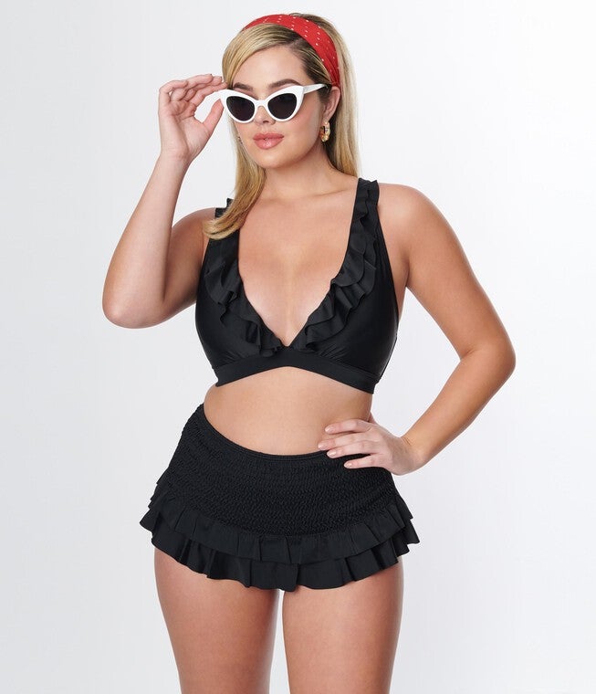 Unique Vintage Black Smocked Ruffle Swim Bottom, Black / Black, hi-res image number 0