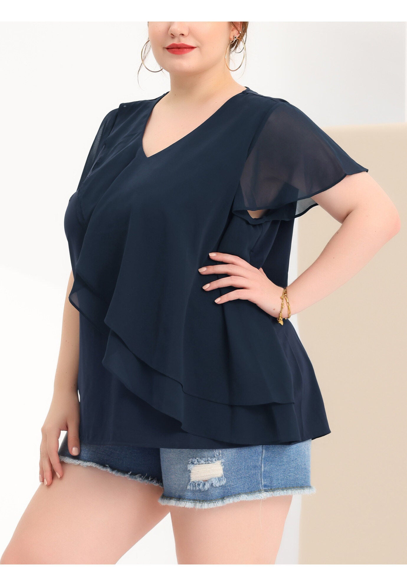 Flutter Sleeves Blouse V Neck Layer Chiffon Ruffle Top, Navy Blue / Navy, alternate image number 1