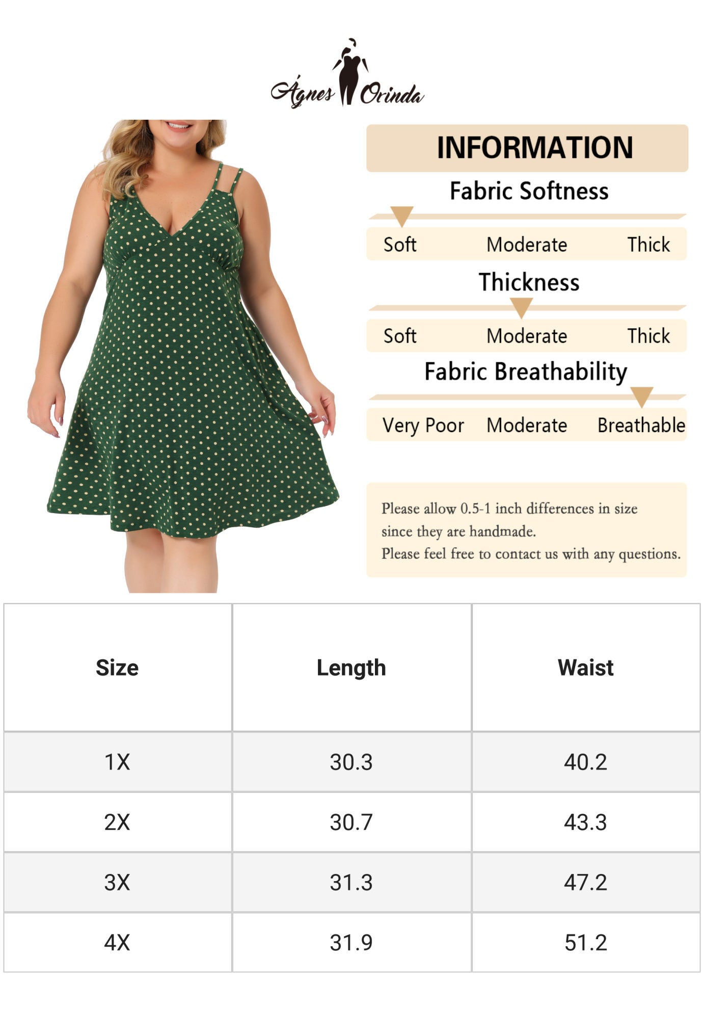 CAMI DEEP V KNIT POLKA DOTS NIGHTGOWN LINGERIE, Dark Green / Forest Green, alternate image number 4