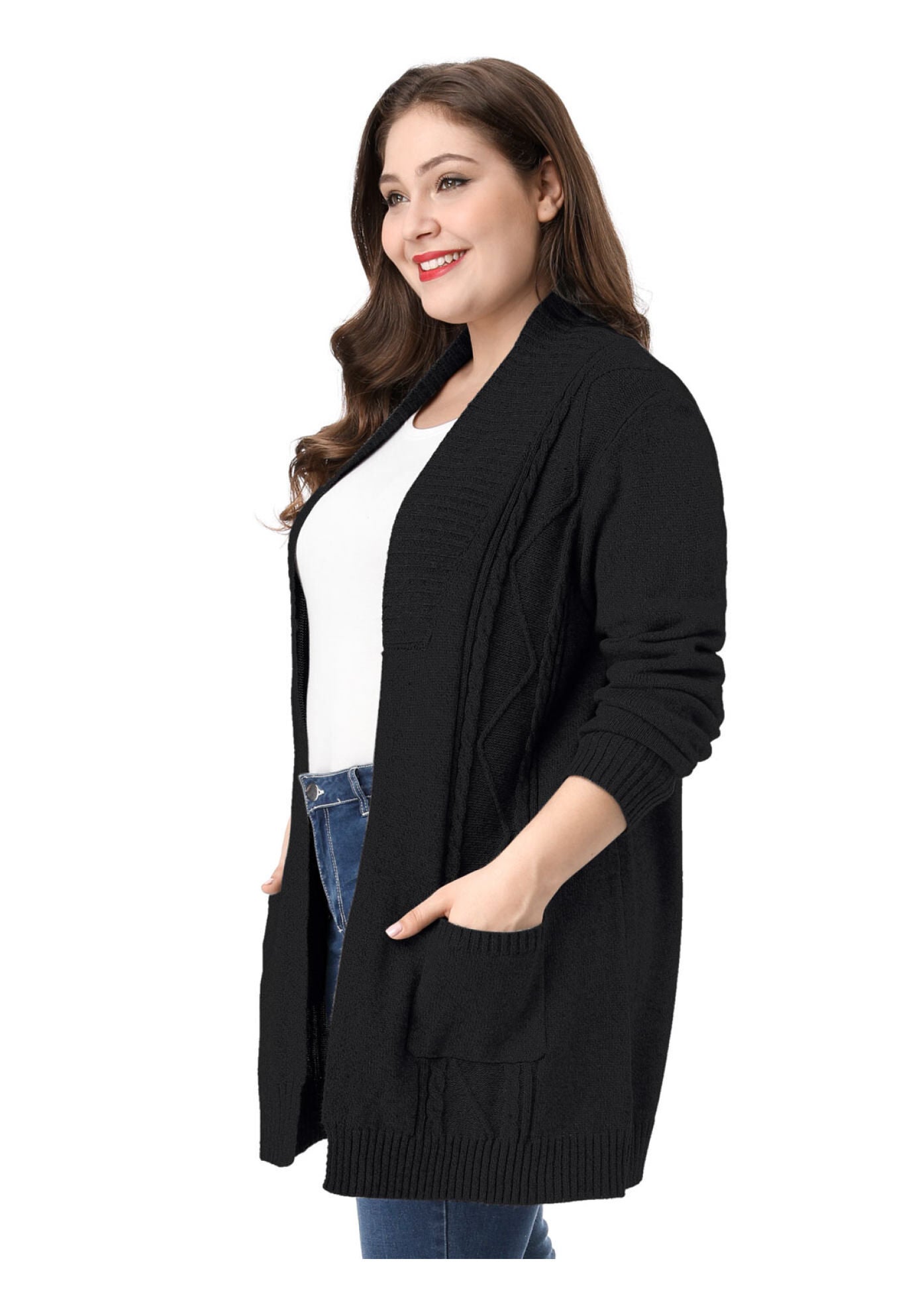 SHAWL COLLAR OPEN FRONT SWEATER CARDIGAN, Black / Black, alternate image number 3