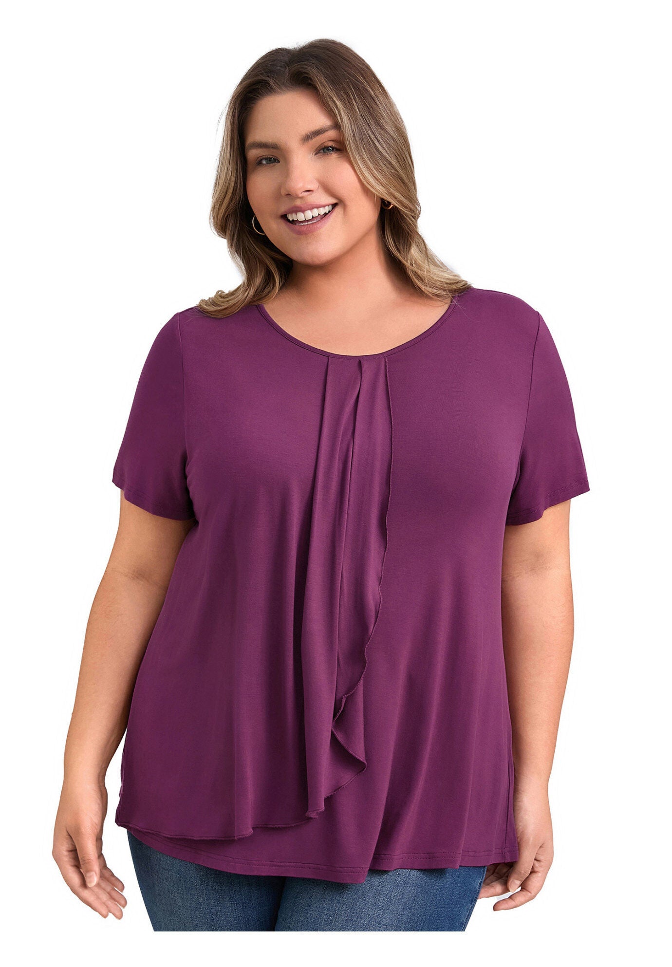 Short Sleeve Pleated Tulip Asymmetry Hem Overlaid Ruffle  Top, Deep Burgundy / Burgundy, hi-res image number 0