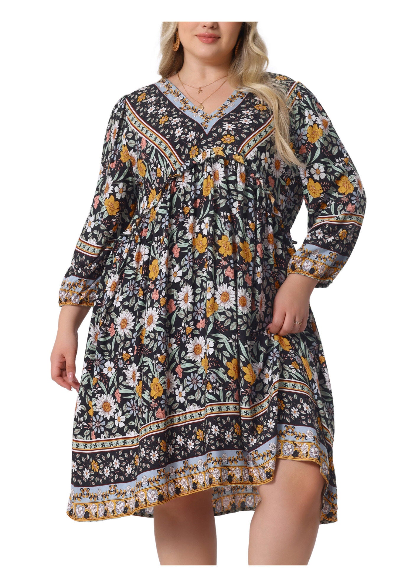 Boho Floral V Neck 3/4 Sleeve Mini Short Dress, Black Yellow / Yellow, alternate image number 3