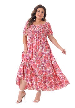 Short Sleeve Shirred Square Neck Floral Maxi Dress