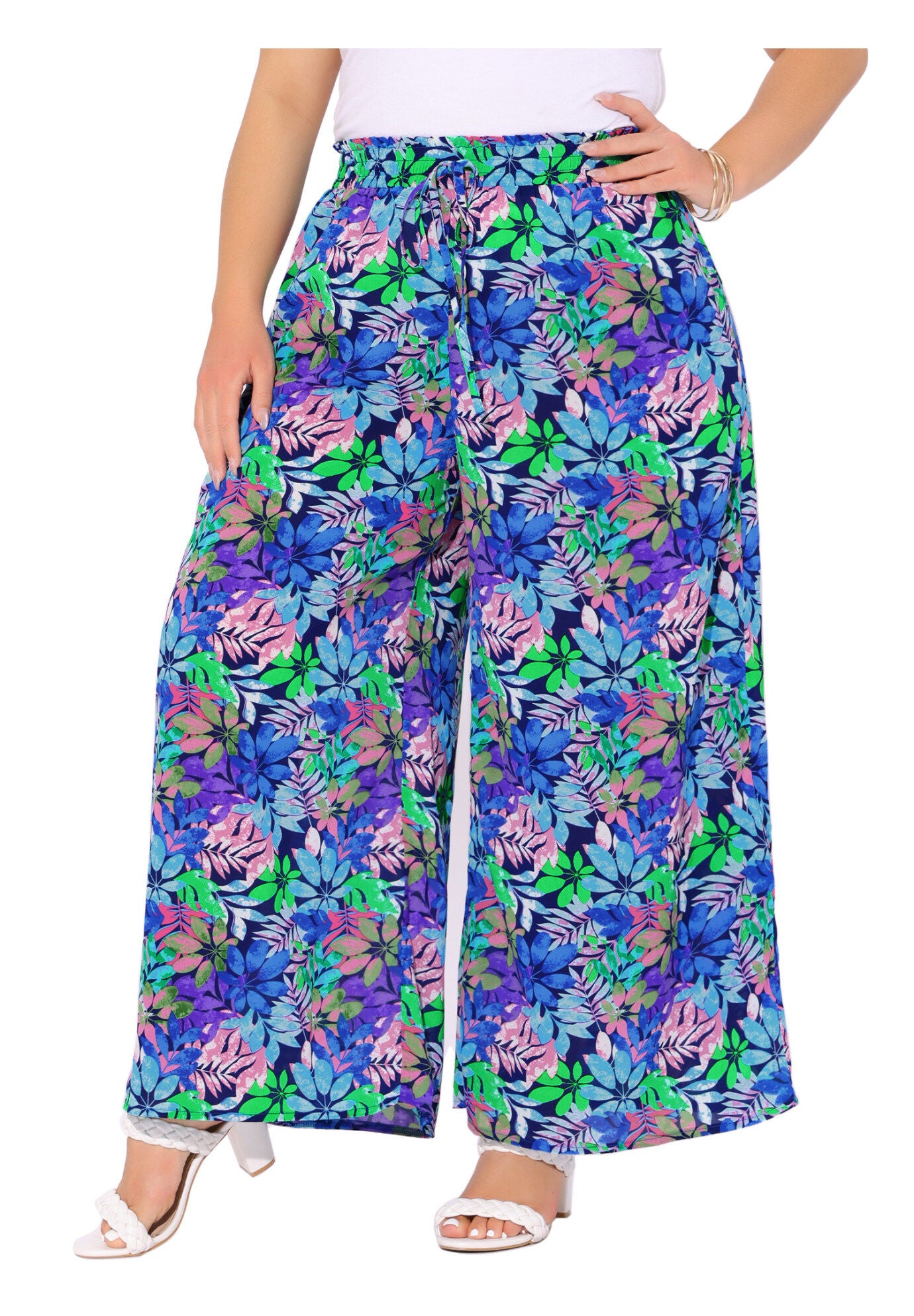 Wide Leg Floral Palazzo Pants Flowy Beach Trousers with Pocket, Dark Blue Purple / Purple, alternate image number 1