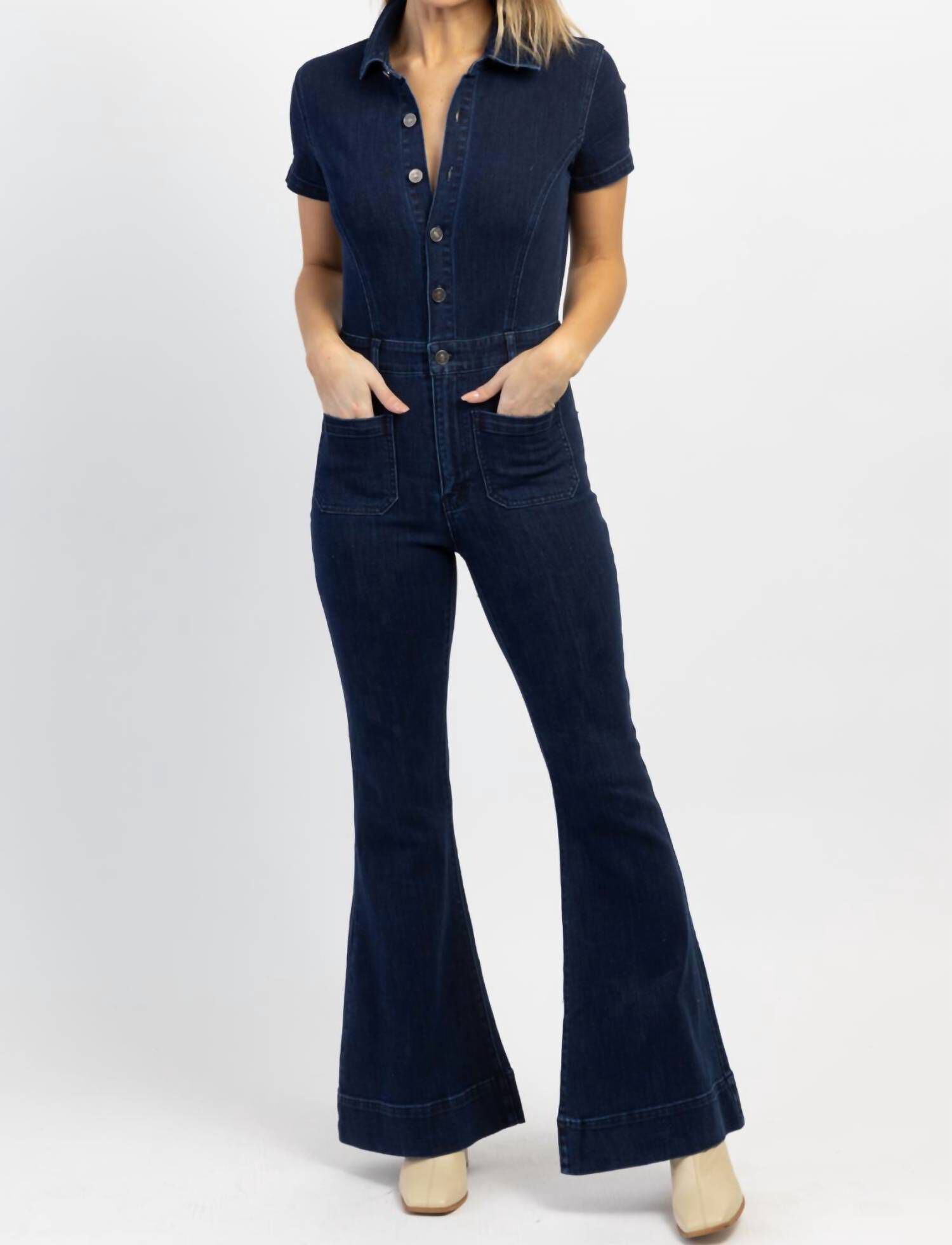 Good Karma Denim Flare Jumpsuit In Blue, , alternate image number 2