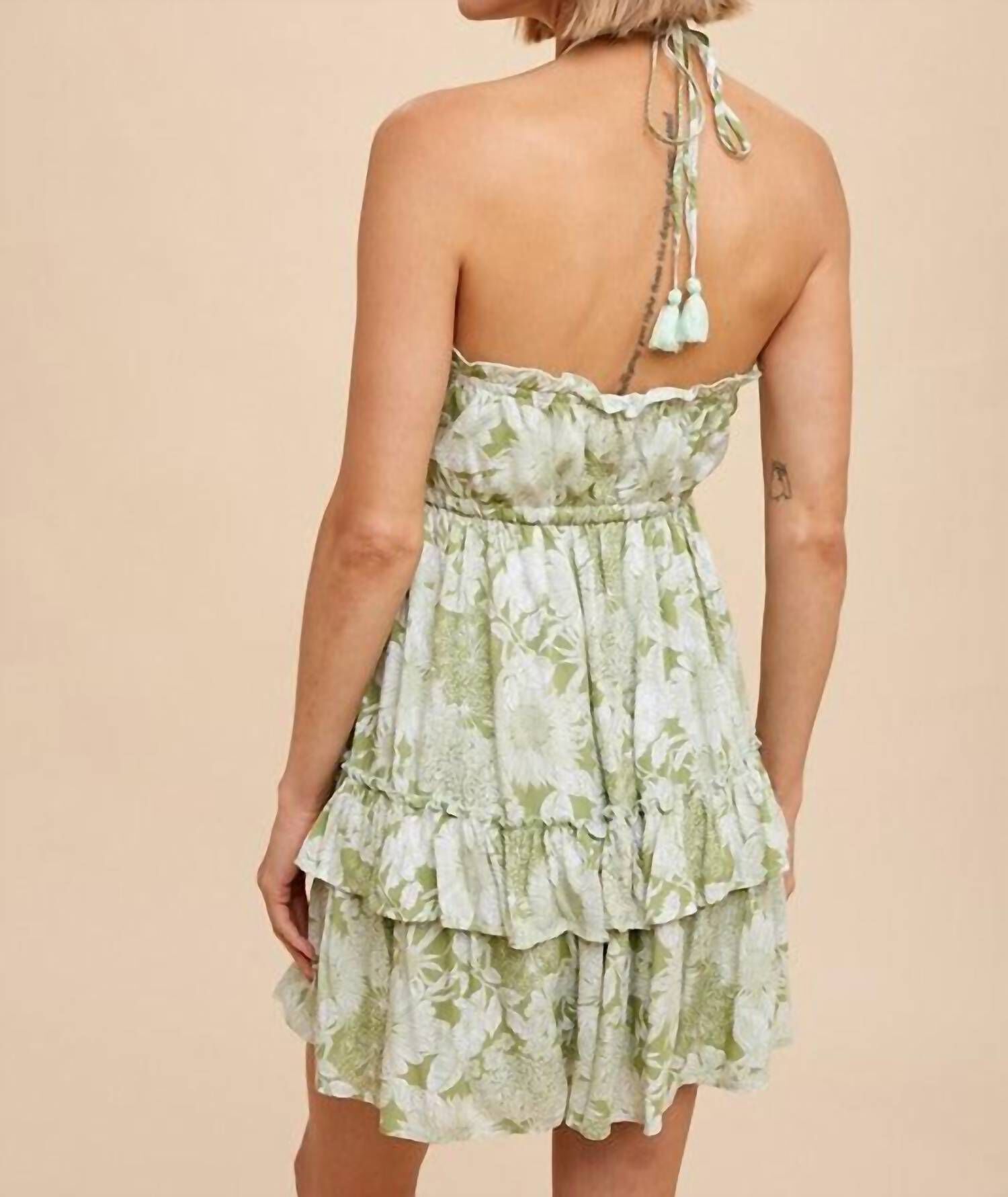 NATALIA TIERED FLORAL HALTER DRESS IN GREEN, , alternate image number 4