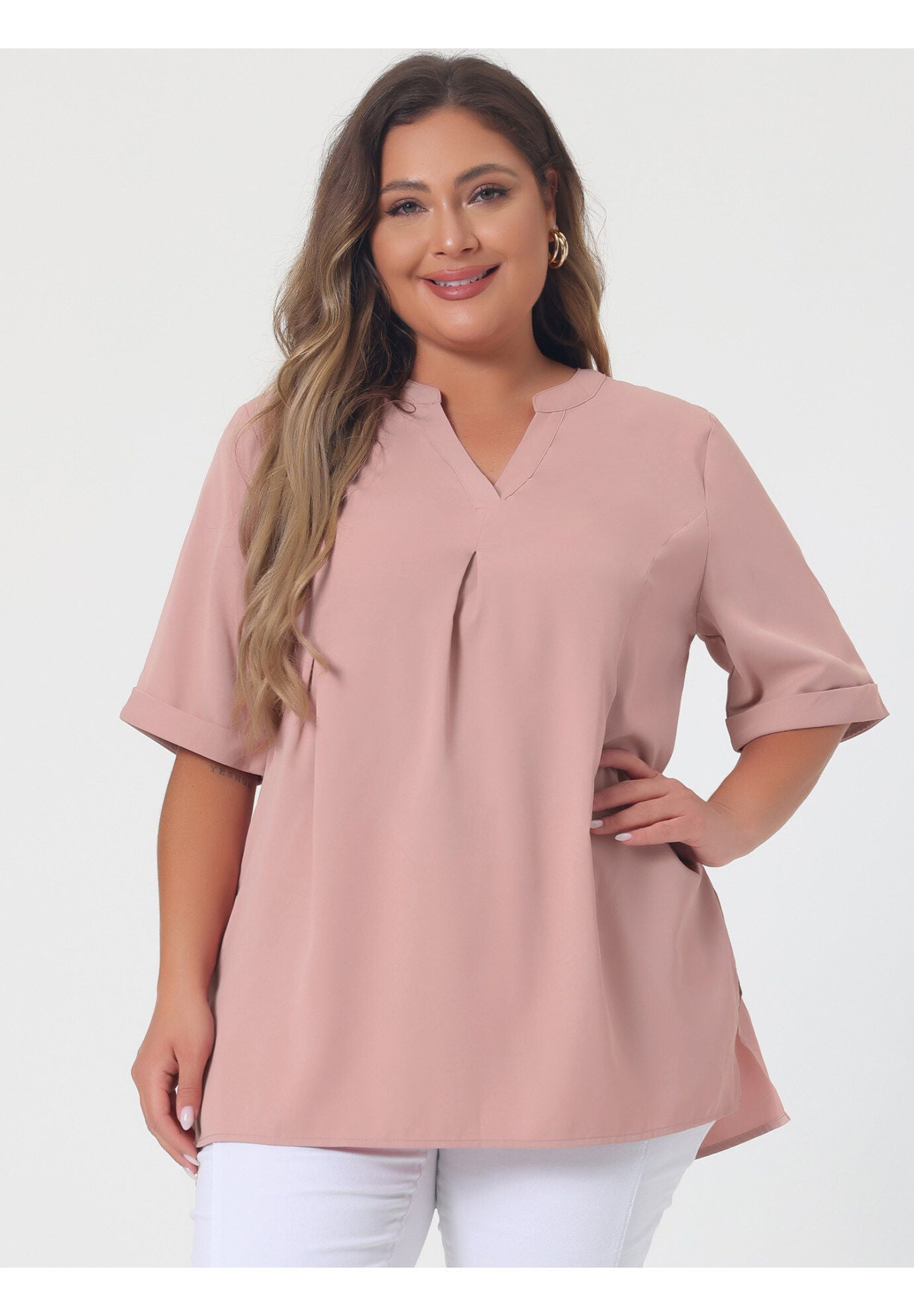 V Neck Casual Solid 1/2 Sleeve Tunic Blouse, Pink / Pink, alternate image number 2