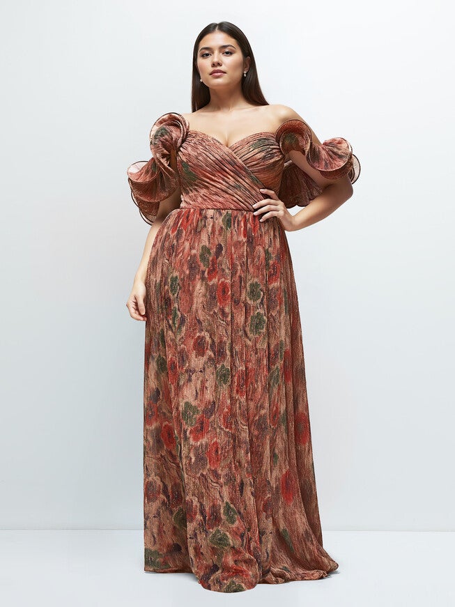 Dramatic Ruffle Edge Strap Fall Foral Pleated Metallic Maxi Dress | Dia & Co Dramatic Ruffle Edge Strap Fall Foral Pleated Metallic Maxi Dress | Dia & Co