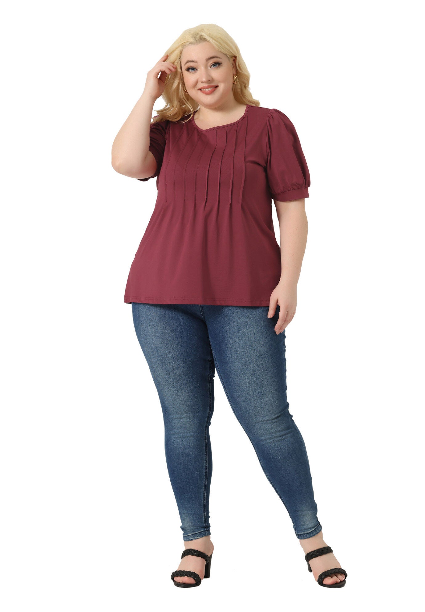 Puff Short Sleeve Crew Neck Pleated Tunic Blouse, Burgundy / Burgundy, hi-res image number 0