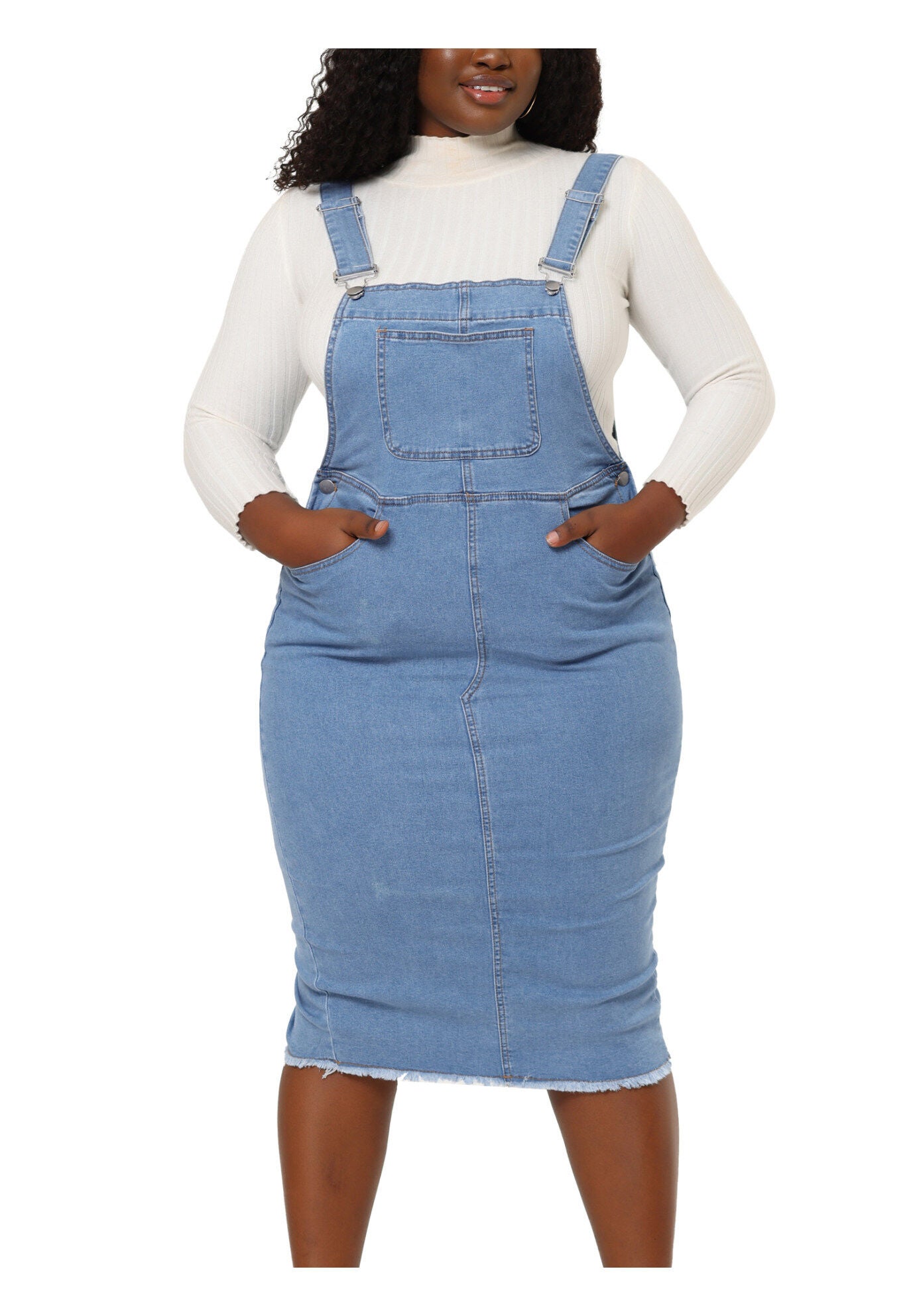ADJUSTABLE STRAP BACK SLIT DISTRESSED DENIM OVERALL DRESS, Light Blue / Light Blue, alternate image number 1