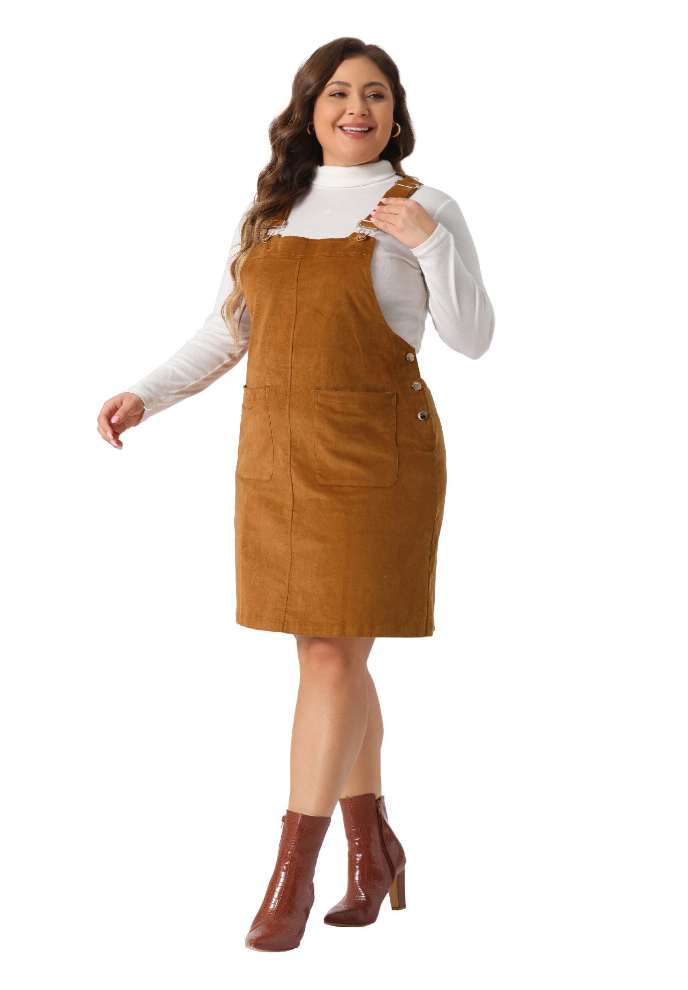 Suspender Skirt Adjustable Strap Pinafore Corduroy Overalls Dress, Brown / Brown, hi-res image number 0