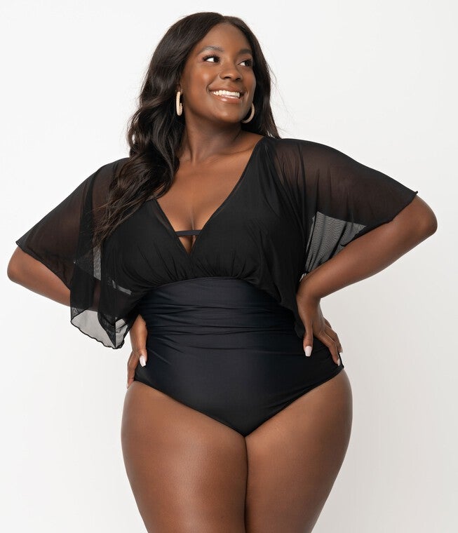 Unique Vintage Black Mesh Sleeved Torrey Swimsuit, , alternate image number 7