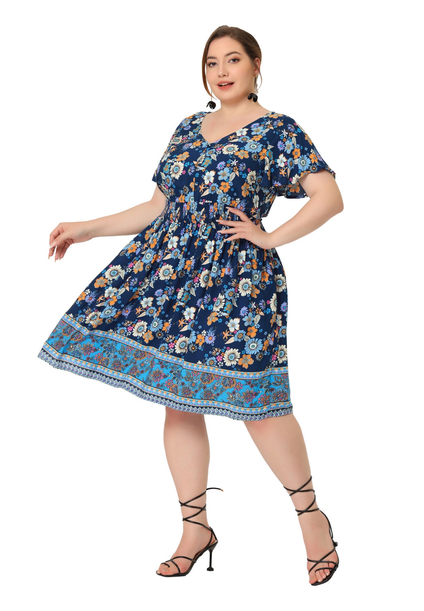 Placed Pattern Bohemian Smock Waist V Neck Summer Midi Dress, Dark Blue / Navy, hi-res image number 0