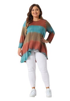 Tie Dye Crew Neck 3/4 Sleeve High Low Tunic Top Tee Shirt
