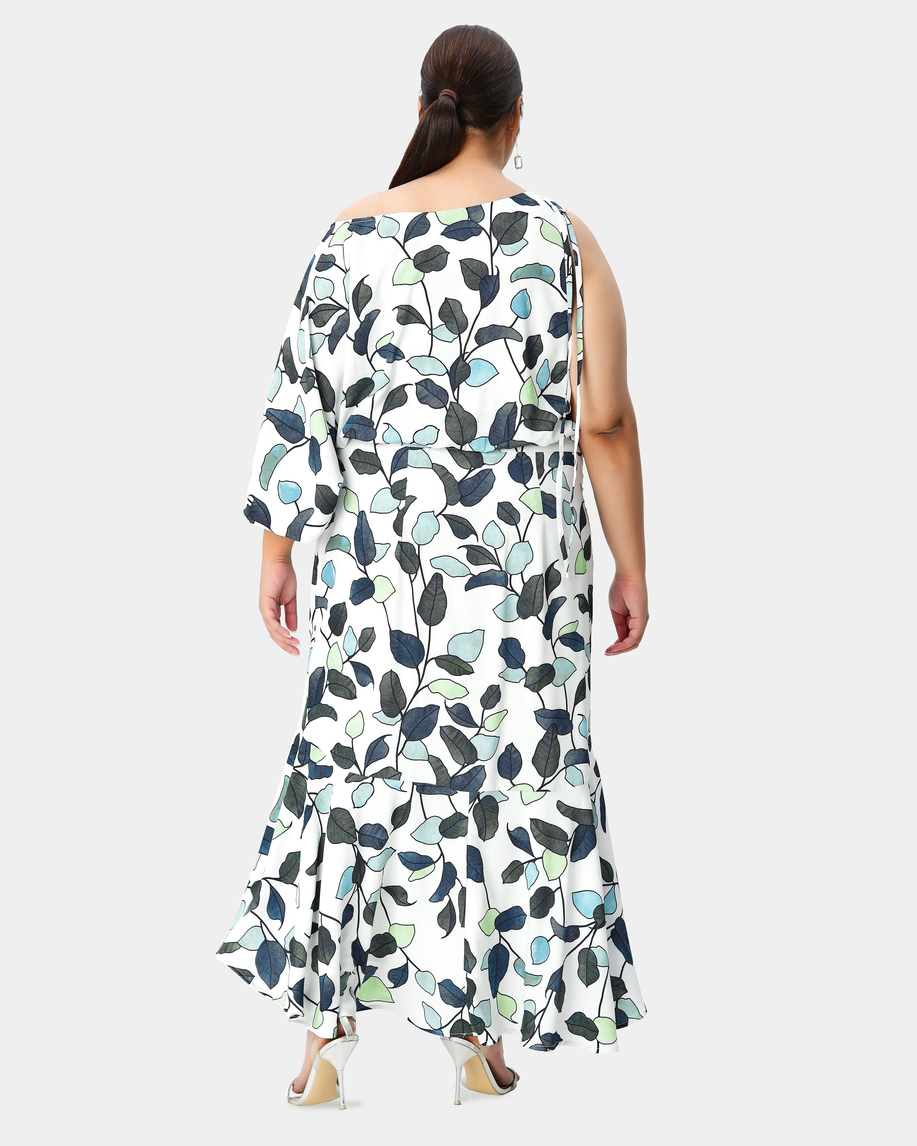 Single sleeve asymmetric leaf print crepe high-low asymetric dress, White / White, alternate image number 2