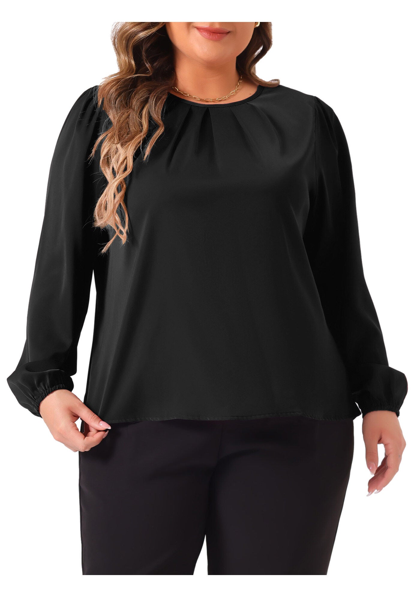 Crew Neck Pleated Work Office Long Sleeve Blouse, Black / Black, alternate image number 2