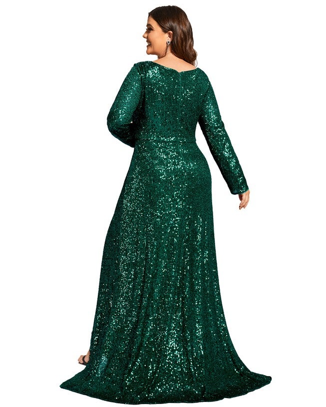 Sequin Long Sleeve V-neck Asymmetrical Hem Evening Dress, , alternate image number 5