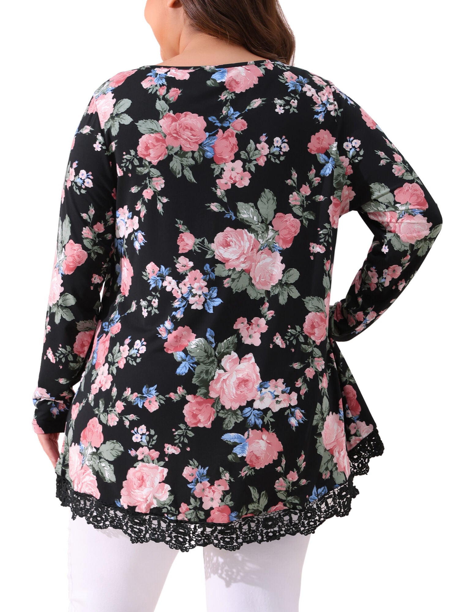 Crew Neck A-Line High Low Hem Floral Blouse, Black / Black, alternate image number 3