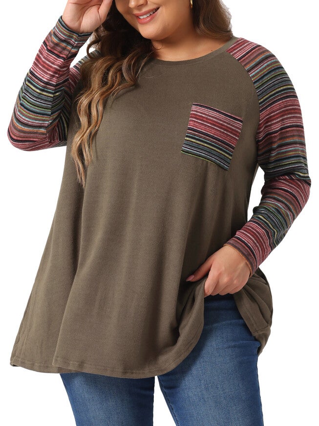 Raglan Color Block Knit Pullover Shirt Tunic Top with Pockets, Coffee / Brown, alternate image number 3