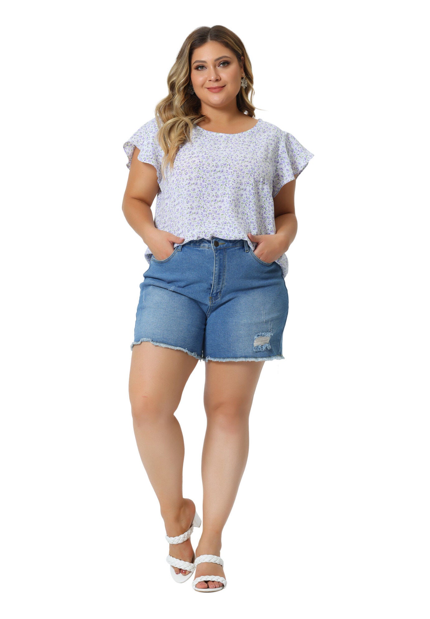 Summer Top Floral Round Neck Short Sleeves Ruffle Blouse, Purple / Purple, hi-res image number 0