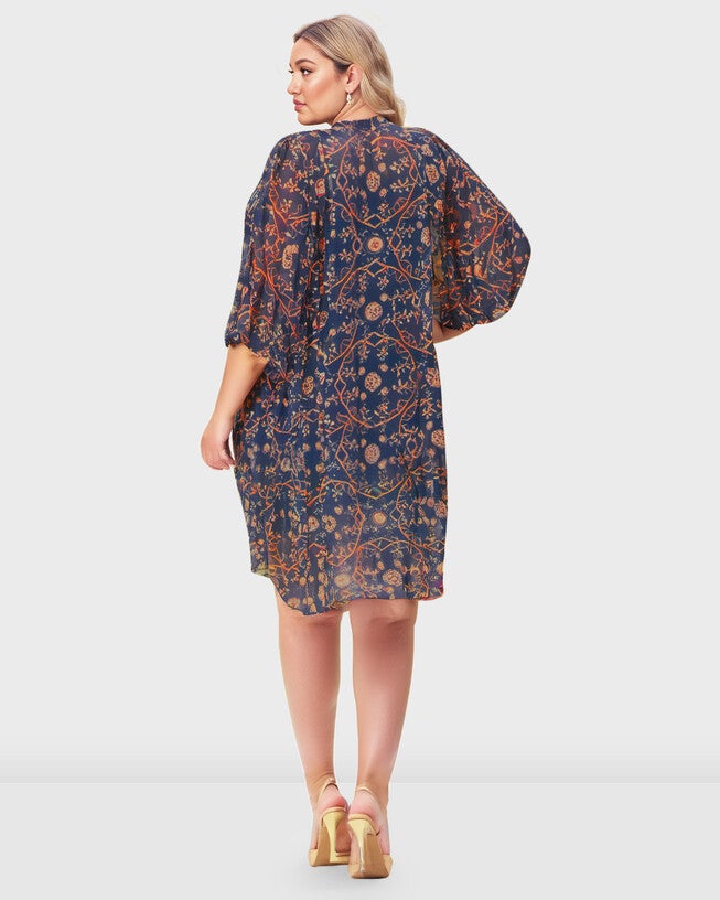 Floral Tile Print Georgette Pintuck Shift Dress, Navy / Beige, alternate image number 2