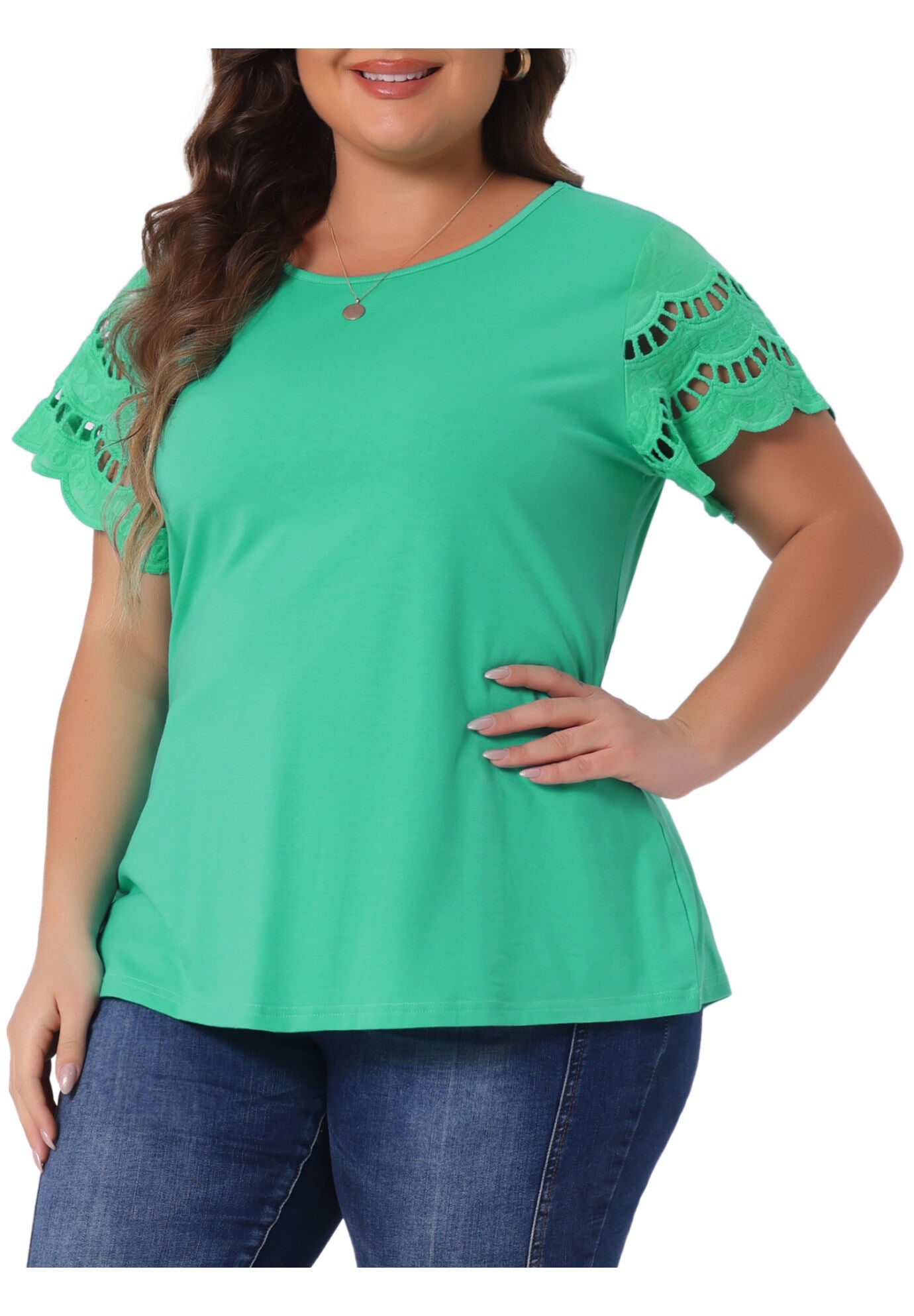 Lace Panel Hollow Short Sleeve Summer Blouse, Light Green / Light Green, alternate image number 2