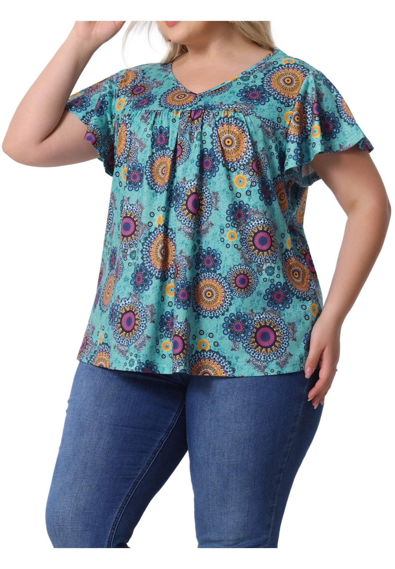 V Neck Ruffle Short Sleeve T-Shirt Tee Top, Blue Orange / Dusty Blue, alternate image number 1