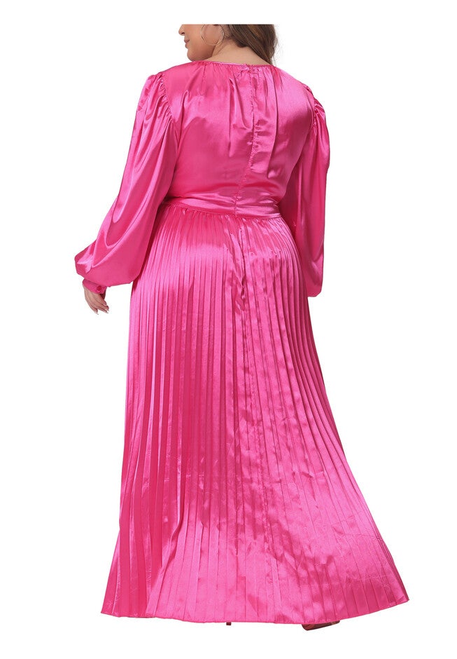 Lantern Long Sleeve Flowy Swing Pleated Maxi Dress, Hot Pink / Gold, alternate image number 3