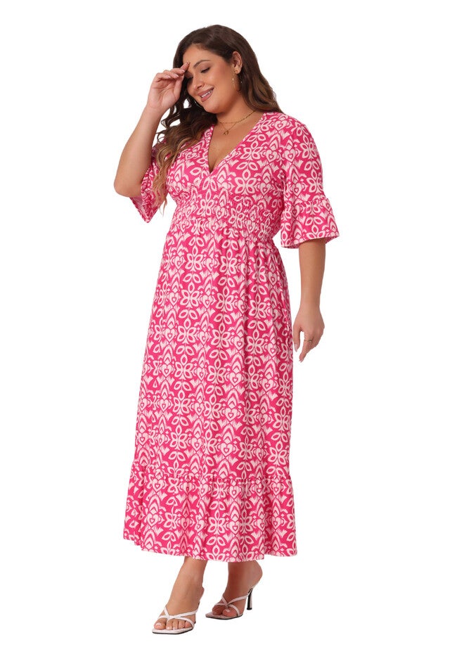 Bell Sleeve Ruffled Hem V Neck Short Sleeve Boho A Line Long Dress, Hot Pink / Deep Fuchsia, hi-res image number 0