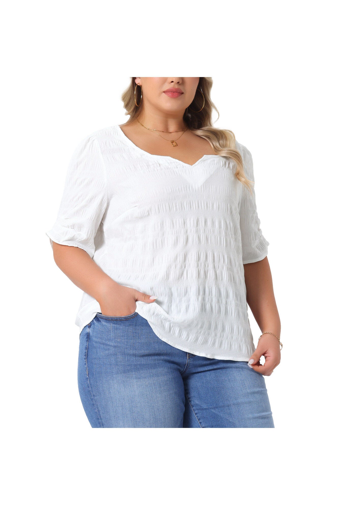 Pleated Notched Short Sleeve Casual Blouse, White / White, alternate image number 2