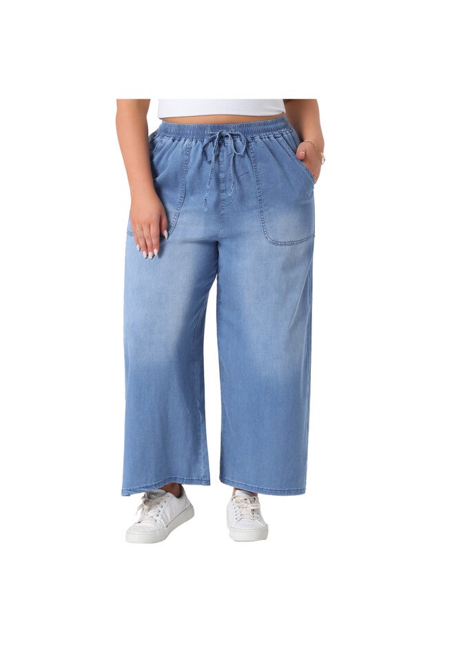 Drawstring Waist Wide Leg Chambray Palazzo Pants, Light Blue / Dusty Blue, alternate image number 1