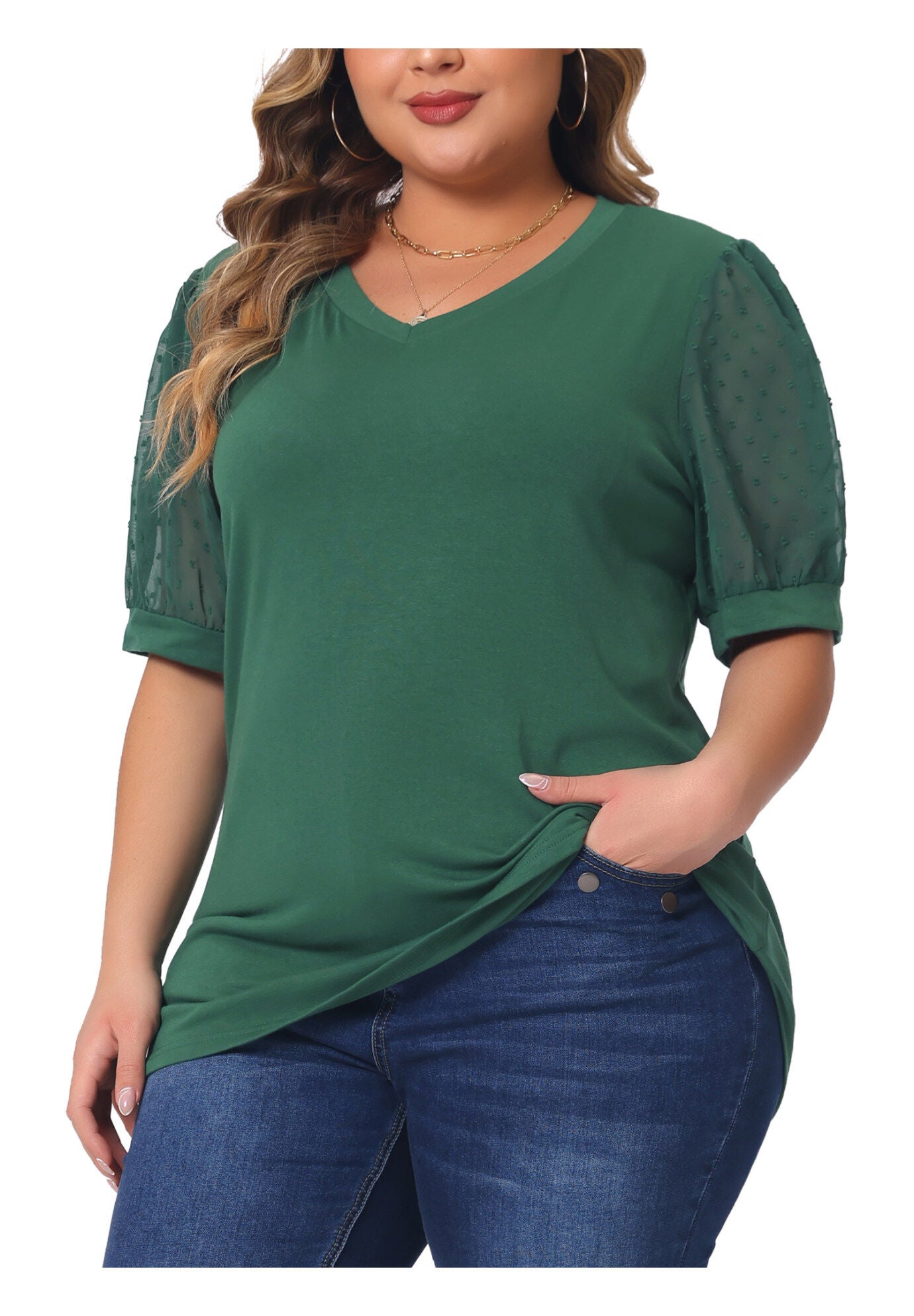 V Neck Swiss Dots Puff Sleeve Loose Top, Green / Quetzal Green, alternate image number 2