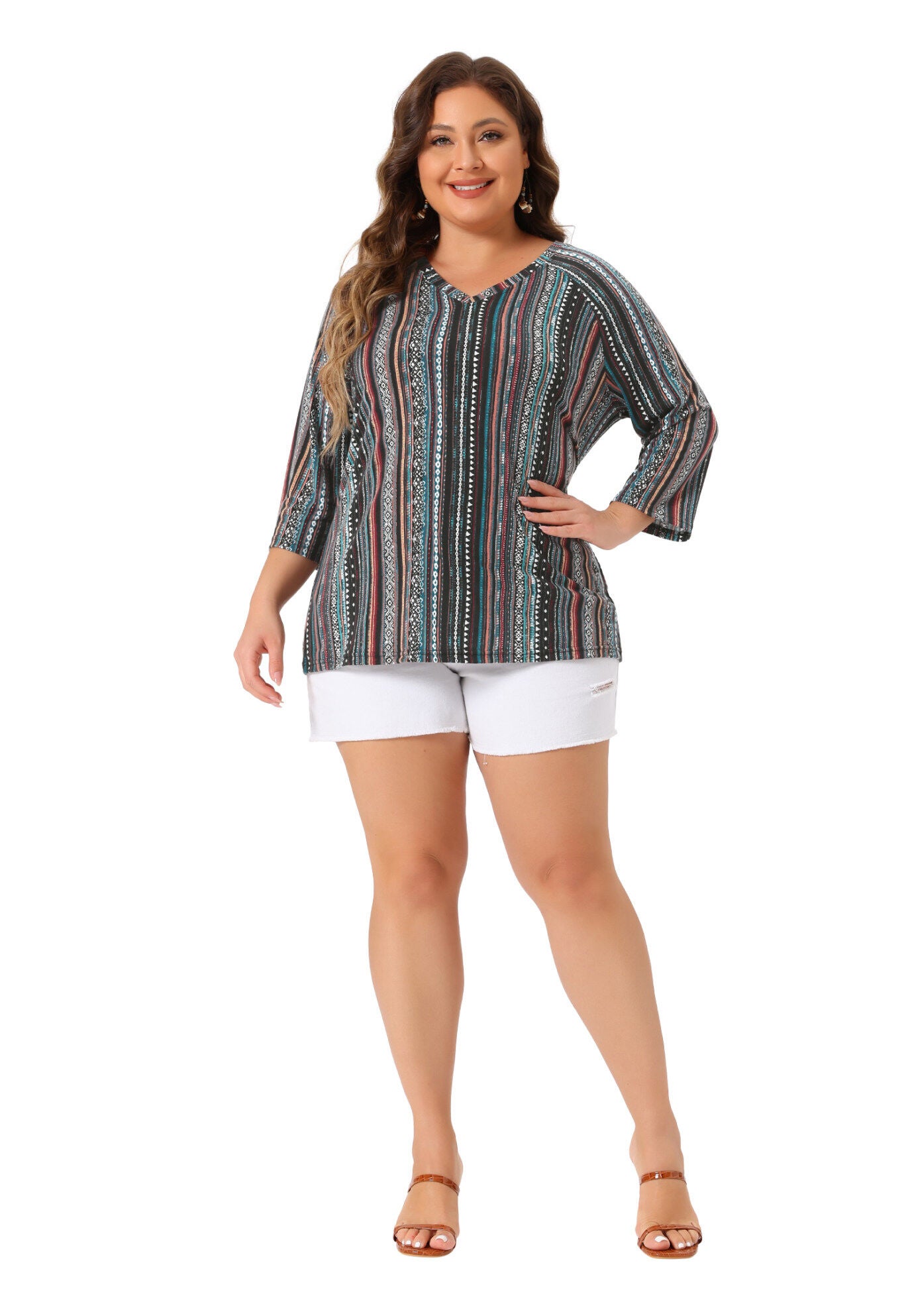 3/4 Sleeve Knit Blouse Tee Stripe Boho Top, Green / Quetzal Green, hi-res image number 0