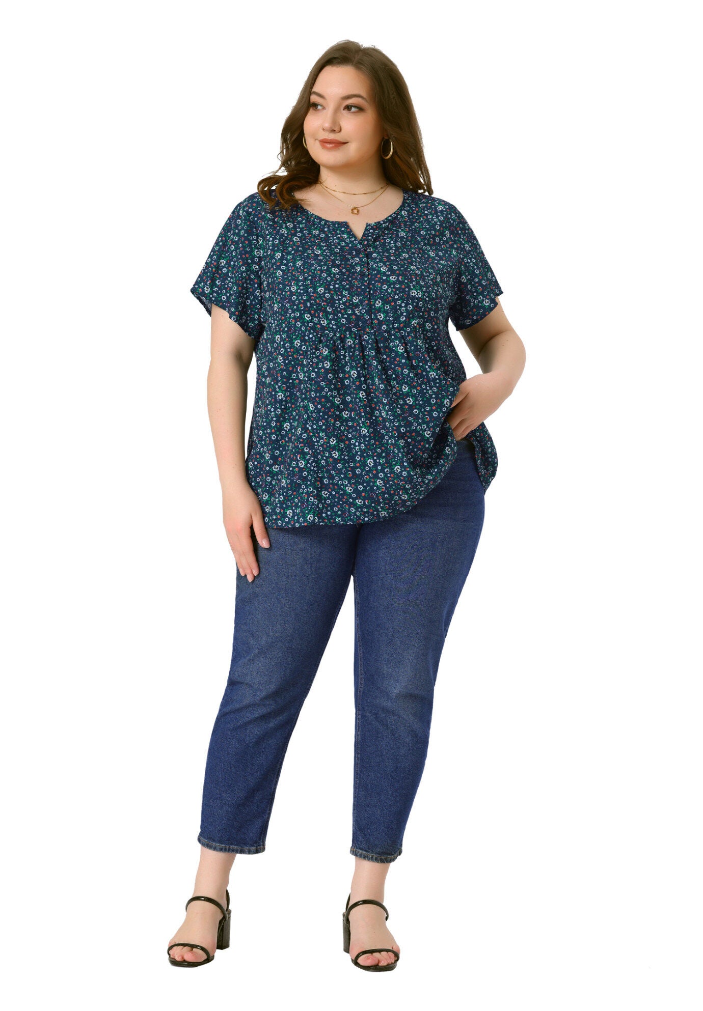 Summer Top Floral Half Placket Short Sleeve Casual Blouse, Dark Blue / Navy, hi-res image number 0