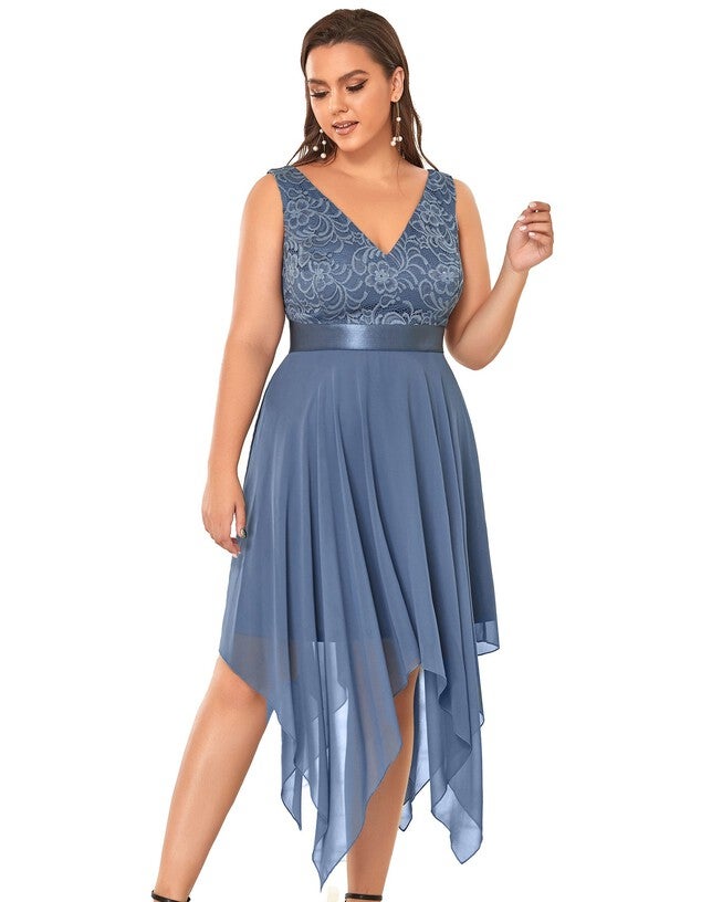 Stunning V Neck Lace Dress with Asymmetrical Hems, Dusty Navy / Dusty Blue, hi-res image number 0