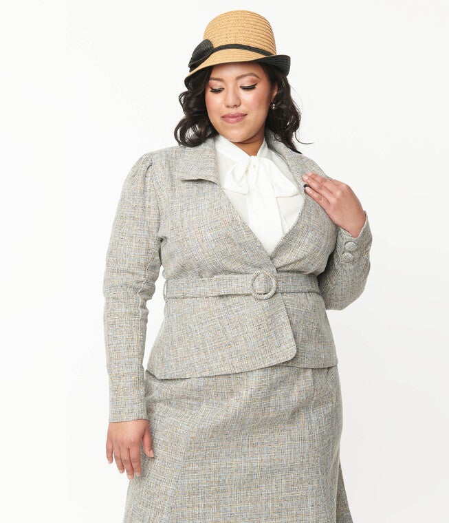 Unique Vintage Beige & Baby Blue Tweed Belted Jacket, , alternate image number null