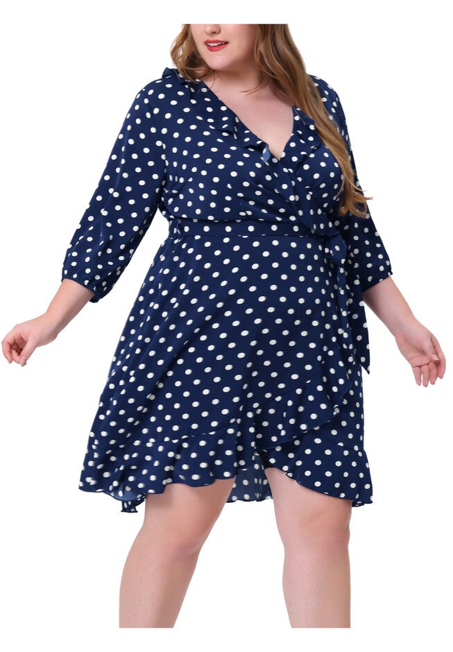 Polka Dots Elegant V Neck 3/4 Sleeve Ruffle Midi Dress, Navy Blue / Navy, alternate image number null
