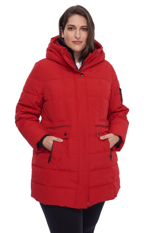 Women's Plus Size - KOOTNEY | Vegan Down Recycled Mid-Length Parka Coat, Crimson / Red, hi-res image number 0