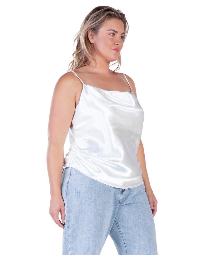 Elecktra Womens Plus Size Cowl Neck Ruched Waist Satin Crop Top, Silver / Silver, alternate image number 1