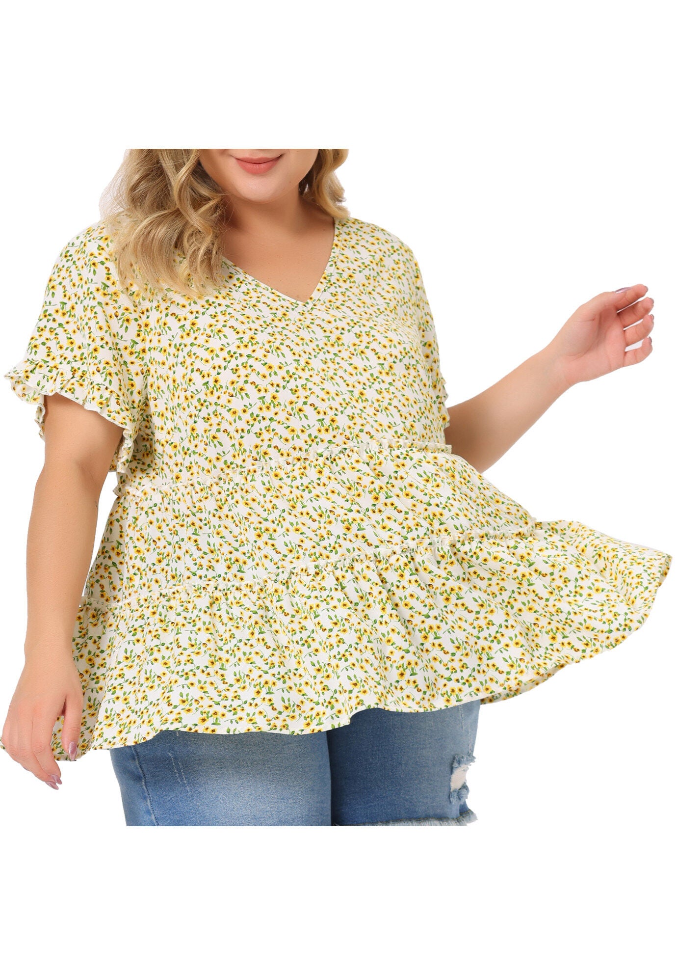 Floral Print V Neck Ruffles Sleeve Tiered Babydoll Blouse, Beige / Beige, alternate image number 1