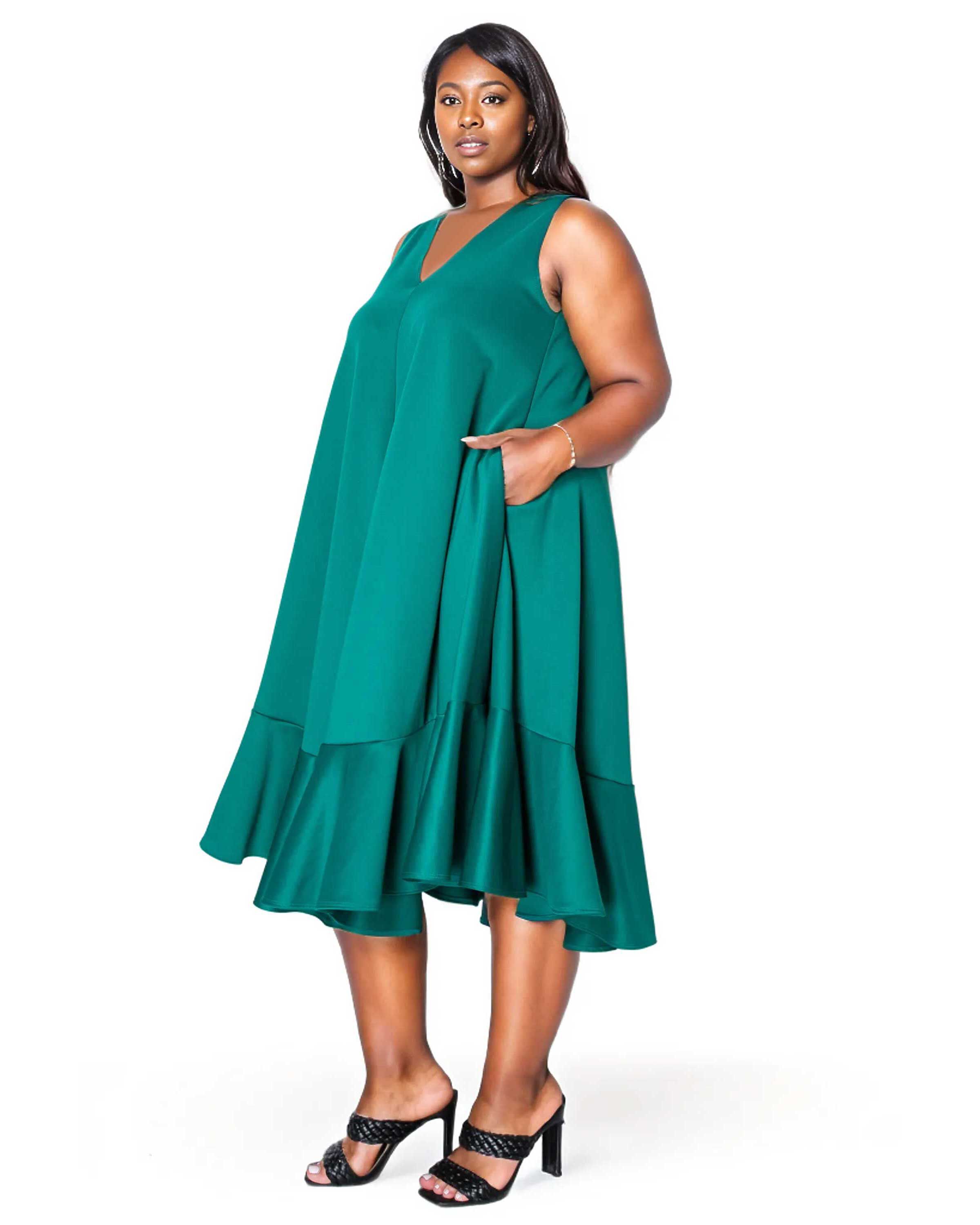 SIMONE SLEEVELESS POCKET FLARE DRESS, Emerald / Forest Green, alternate image number 1