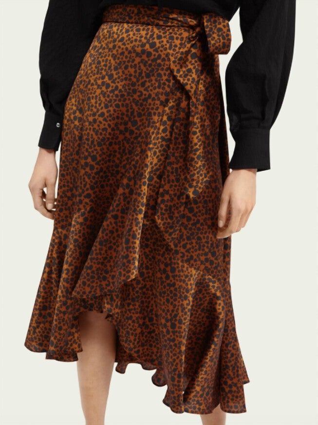 PRINTED WRAP SKIRT IN LEOPARD PRINT, Leopard Print / Brown, alternate image number null