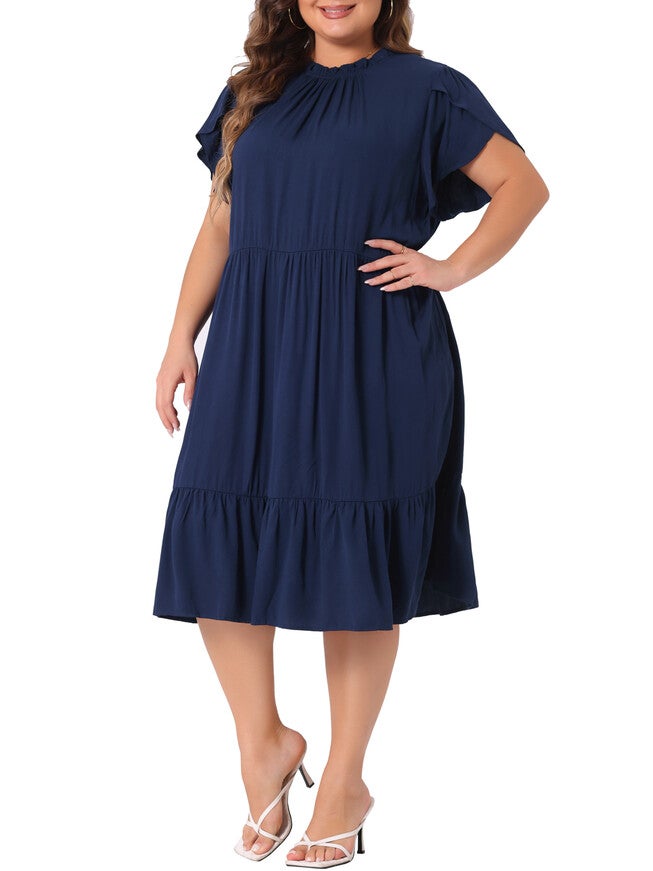 TIE BACK PETAL SLEEVE MOCK NECK RUFFLE HEM A-LINE SWING MIDI DRESS, Navy Blue / Navy, alternate image number 1