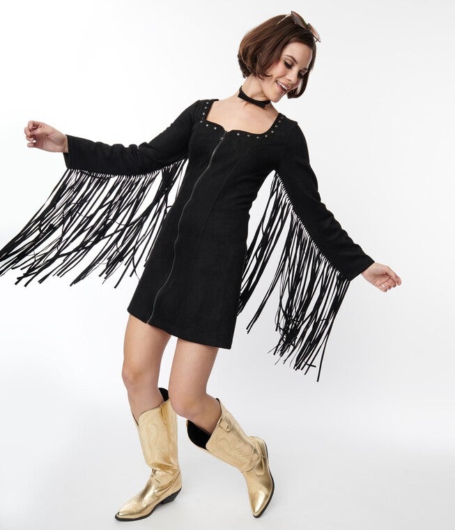 Smak Parlour Black Suede Shift Fringe Dress, Black / Black, hi-res image number 0