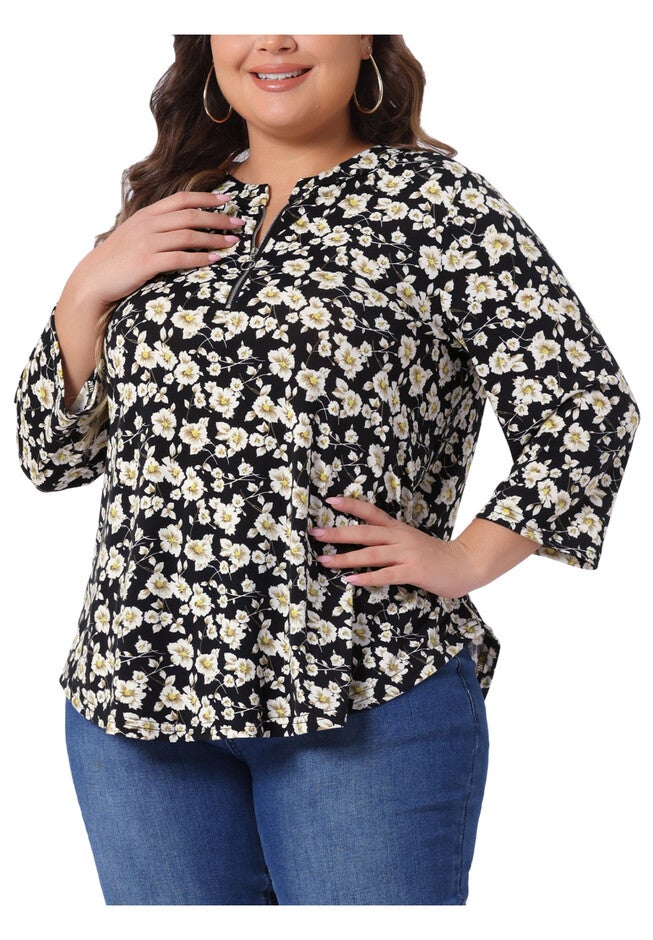 3/4 Sleeve Zip Up Floral Print V Neck Pullover Blouse Top, Black / Black, alternate image number 3
