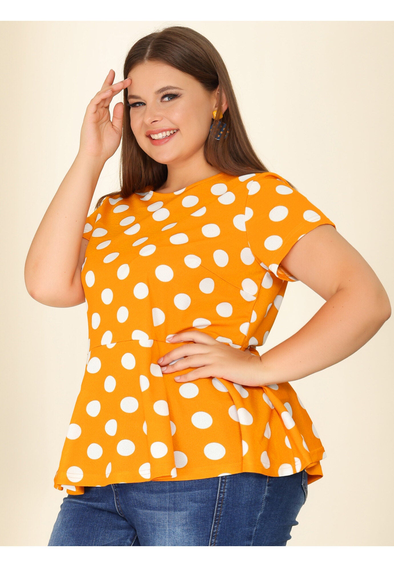 Casual Short Sleeve Polka Dots Peplum Tops Shirts, Orange / Orange, alternate image number 2