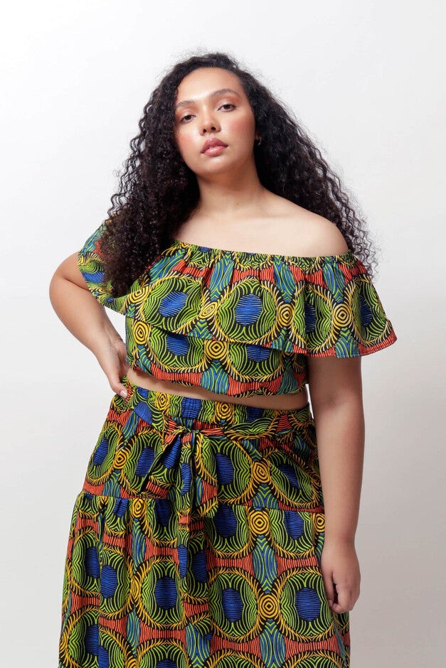Nyla Off The Shoulder Crop Top, Green Kaleidoscope / Forest Green, hi-res image number null