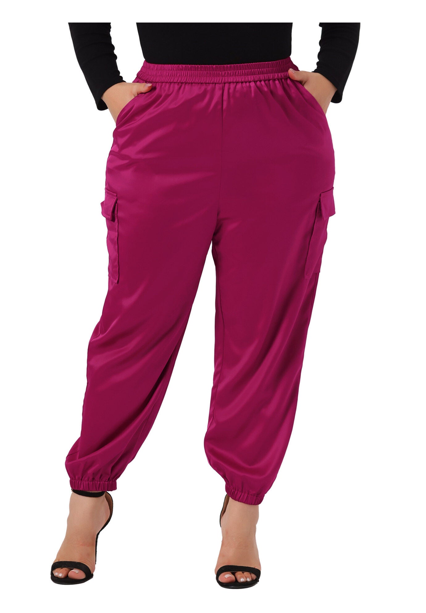 SATIN JOGGERS ELASTIC WAIST ATHLEISURE ANKLE LENGTH CARGO PANTS, Hot Pink / Pink, alternate image number 1