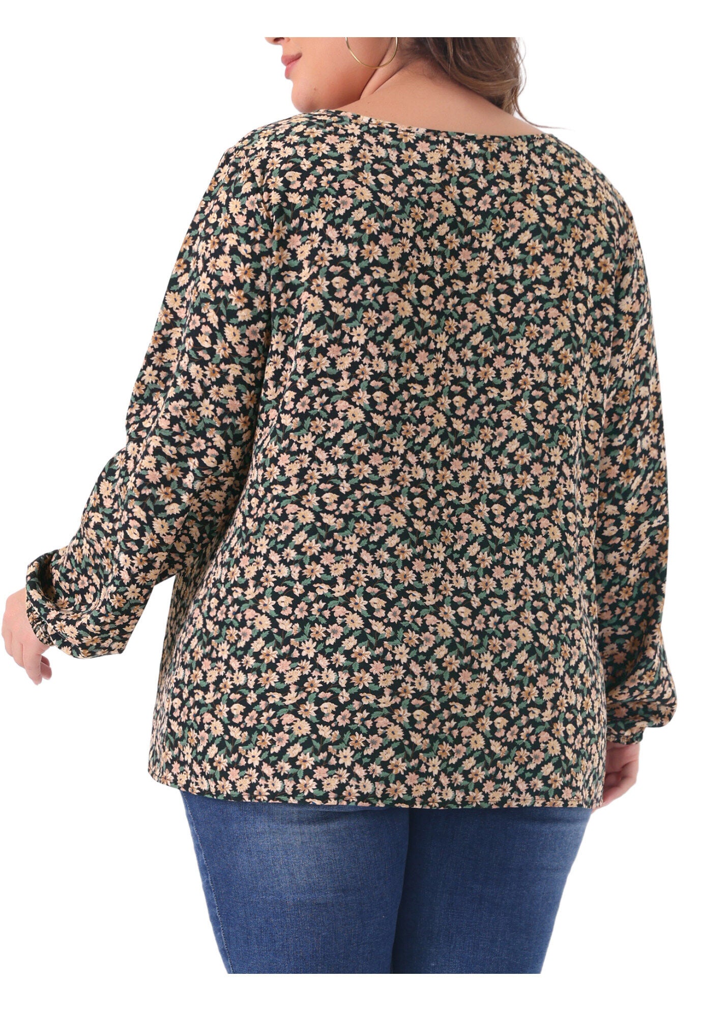 Long Sleeve Floral Print Casual Shirt Blouse Top, Black Beige / Beige, alternate image number 3