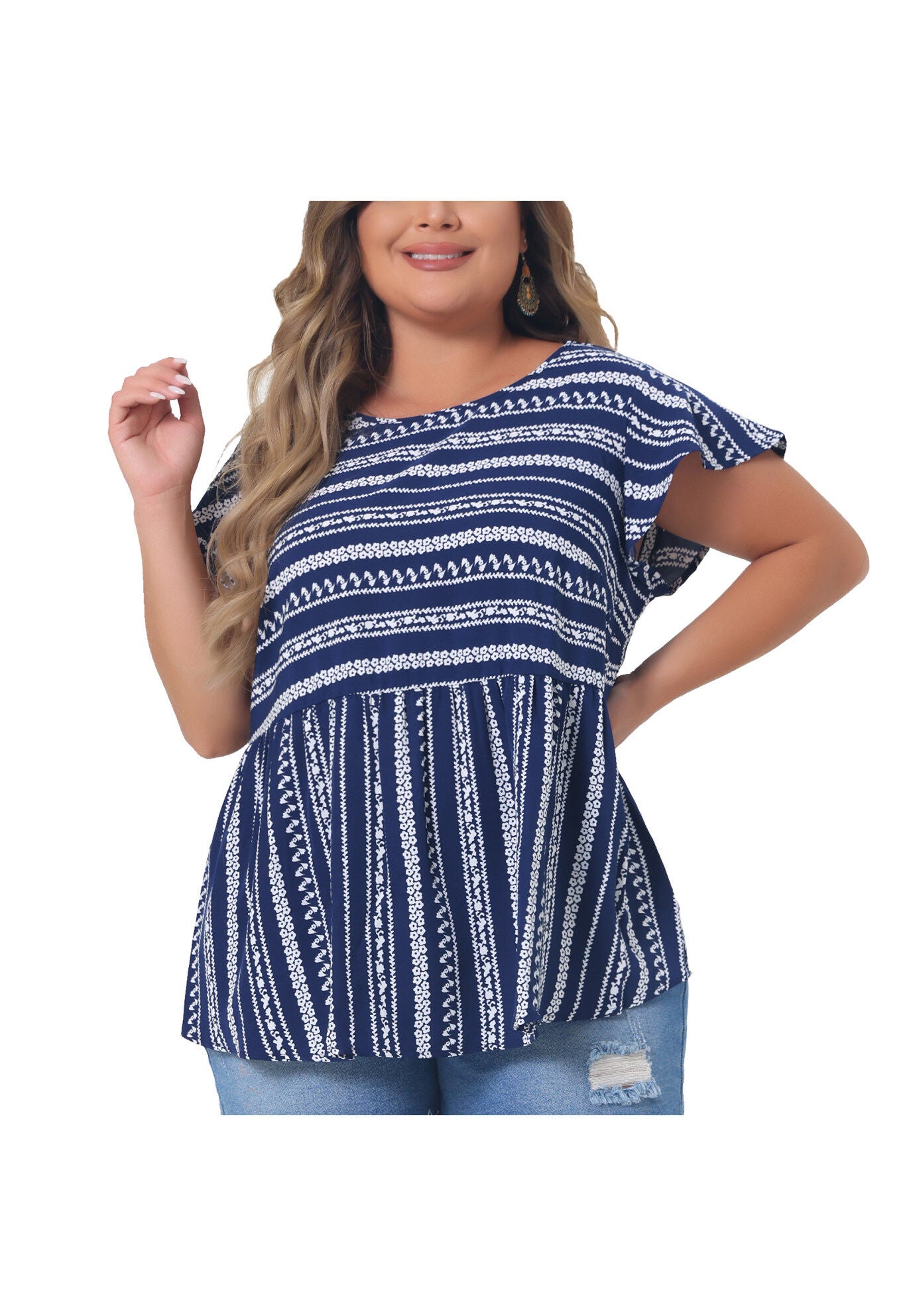 Boho Floral Printed Round Neck Ruffle Sleeve Blouse, Dark Blue / Navy, alternate image number 1